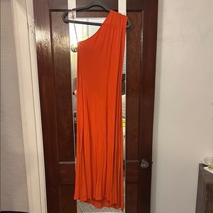 ZARA One-Shoulder Orange Midi dress with cape detail